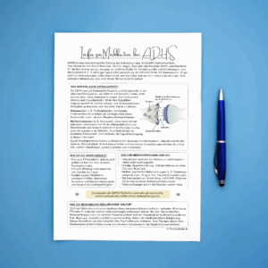 Infoblatt über ADHS-Medikamente – verständliche Aufklärung zu Wirkung, Wirksamkeit, Nebenwirkungen und Risiken unbehandelter ADHS; erklärt Unterschiede zwischen Stimulanzien und Nichtstimulanzien, evidenzbasiert und praxisorientiert für Patienten und Therapeutinnen.