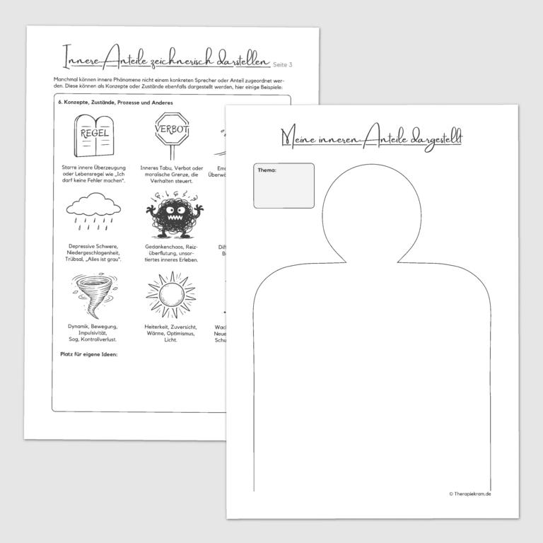 Arbeitsblätter Innere Anteile zeichnerisch darstellen – visuelle Teilearbeit und Inneres Team in der Psychotherapie (PDF Set mit Symbolen, Konflikten und Zuständen)