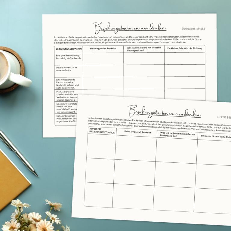 Arbeitsblatt Beziehungssituationen neu denken mit typischen Reaktionsmustern und sicheren Alternativen in Beziehungssituationen