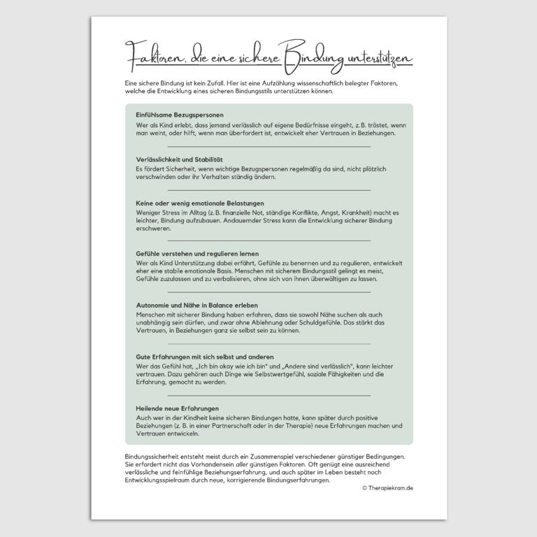 Bindungstheorie: Therapiekram Infoblätter zu den vier Bindungsstilen, typische Verhaltensweisen und Faktoren für eine sichere Bindung.