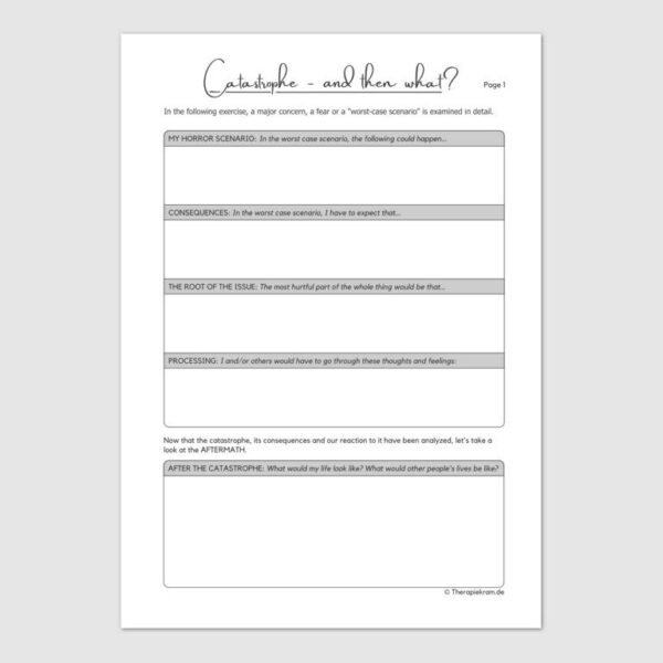 Catastrophe- and then what, Therapiekram therapy tool worksheet for cognitive restructuring for therapists and coaches during psychotherapy.