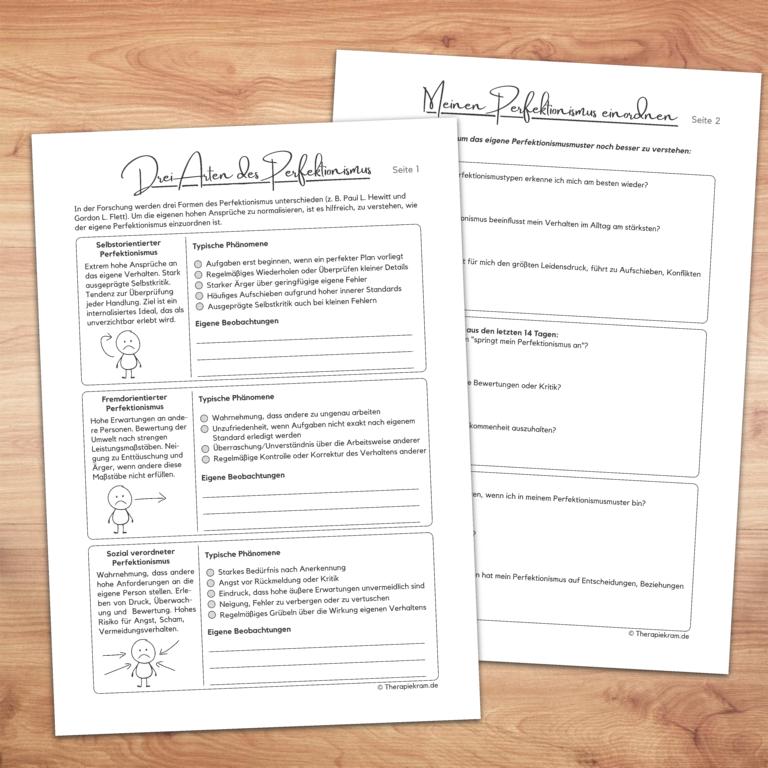 Arbeitsblatt drei Arten des Perfektionismus mit Beispielen für Therapie und Coaching Arbeitsblatt Perfektionismus reflektieren mit Fragen zu Auslösern Verhalten und Folgen