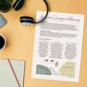 Vorschaubild eines EMDR-Infoblatts zur Traumatherapie mit schematischer Darstellung von belastender Erinnerung, Augenbewegungen (bilaterale Stimulation) und Verarbeitung sowie kurzen psychoedukativen Textabschnitten zu Ablauf, Wirkweise und Anwendung von EMDR