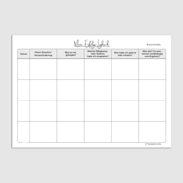 „Arbeitsblatt Erfolgs-Logbuch Kurzversion: Tabelle zur regelmäßigen Erfassung kleiner Erfolge und eigener Stärken. Fördert Selbstwirksamkeit und Motivation in Therapie und Coaching.