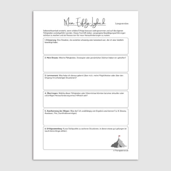 Arbeitsblatt Erfolgs-Logbuch Langversion: Reflexion von Bewältigungserfahrungen zur Stärkung der Selbstwirksamkeit. Mit Fragen zu Fähigkeiten, Lernen und Anerkennung.“ Erfolgstagebuch