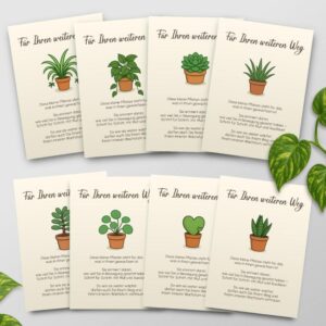 Digitale Abschiedskarten für die Psychotherapie mit 8 handgezeichneten Zimmerpflanzen: Aloe Vera, Bogenhanf, Efeutute, Geldbaum, Grünlilie, Hoya Kerrii, Succulente, Ufopflanze – ideales Geschenk zum Therapieende.