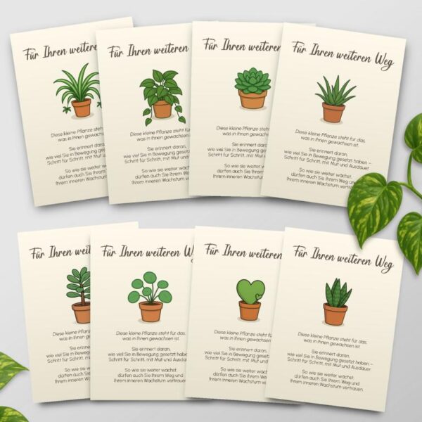 Digitale Abschiedskarten für die Psychotherapie mit 8 handgezeichneten Zimmerpflanzen: Aloe Vera, Bogenhanf, Efeutute, Geldbaum, Grünlilie, Hoya Kerrii, Succulente, Ufopflanze – ideales Geschenk zum Therapieende.