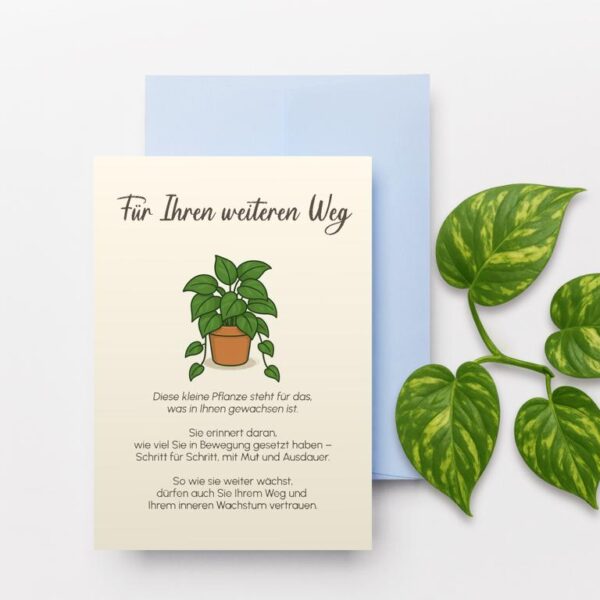 Digitale Abschiedskarten für die Psychotherapie mit 8 handgezeichneten Zimmerpflanzen: Aloe Vera, Bogenhanf, Efeutute, Geldbaum, Grünlilie, Hoya Kerrii, Succulente, Ufopflanze – ideales Geschenk zum Therapieende.