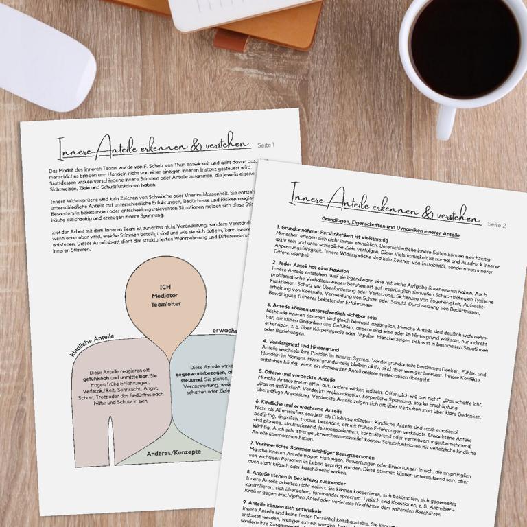 Psychoedukatives Arbeitsblatt zu Eigenschaften und Dynamiken innerer Anteile in der Psychotherapie