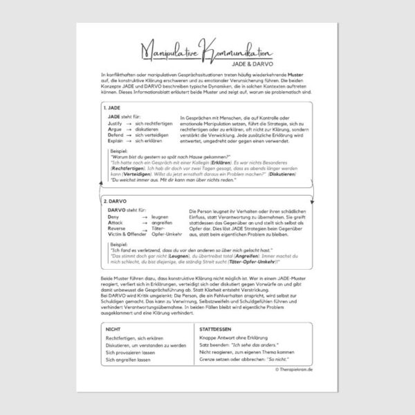 Arbeitsblatt zum Thema manipulative Kommunikation und JADE und DARVO: JADE Kommunikation, DARVO Muster, manipulative Kommunikation, toxische Gespräche, emotionale Manipulation erkennen, Täter-Opfer-Umkehr, Grenzen setzen Kommunikation, Psychoedukation Beziehung