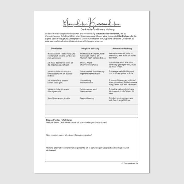 Therapietool: Denkfehler und innere Haltung bei manpulativen Kommunikationsmustern; Denkfehler erkennen, toxische Gespräche, manipulative Kommunikation, Selbstwert stärken, emotionale Abgrenzung, automatische Gedanken hinterfragen, therapeutische Reflexion, Harmoniesucht überwinden, Schuldgefühle abbauen, innere Haltung stärken