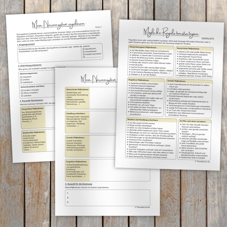 Arbeitsblätter zur Regulation des Nervensystems mit Regulationszielen, Selbstregulation und konkreten Strategien bei Dysregulation