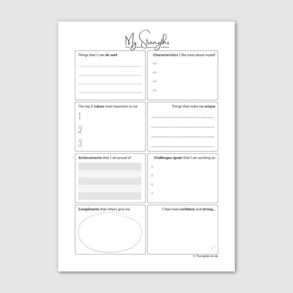 My Strengths Worksheet, Therapiekram therapy tool worksheet for cognitive behavioral therapy for therapists and coaches during psychotherapy to support psychological resources awareness in patients.