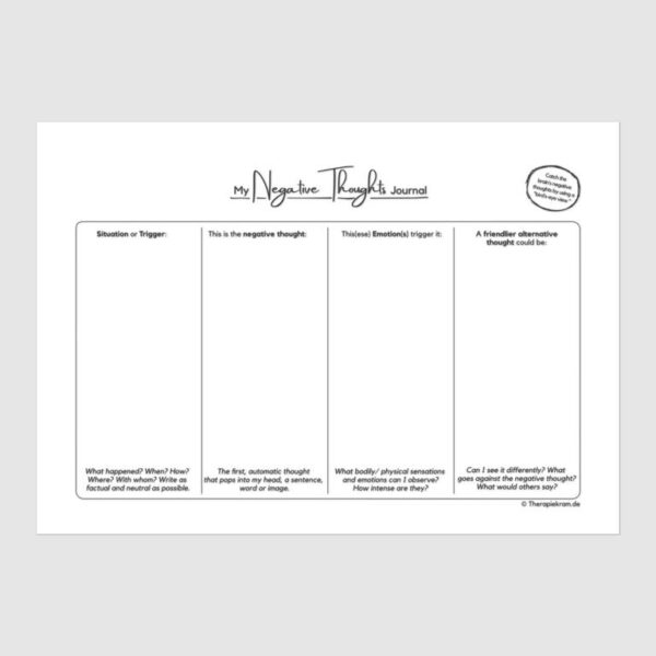 Negative Thoughts Journal Therapy Worksheet English Therapiekram Therapy Tools Form