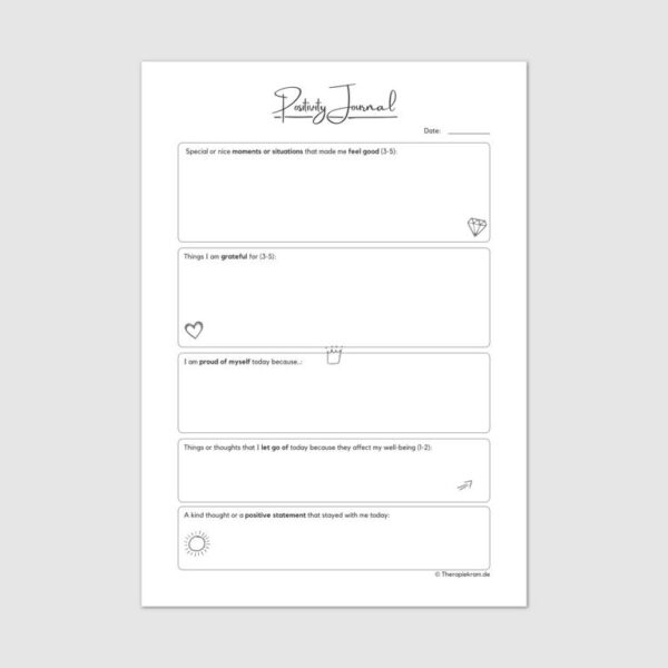 Positivity Journal Worksheet, Therapiekram therapy tool worksheet for cognitive restructuring for therapists and coaches during psychotherapy.