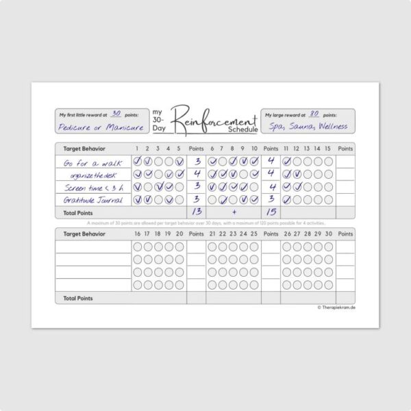 Worksheet for building positive habits. Reward and points plan, reinforcement schedule. Track up to 4 activities. Therapy tool, cognitive behavioral therapy, therapiekram.