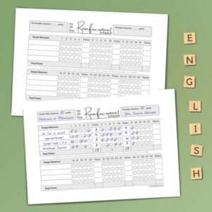 Worksheet for building positive habits. Reward and points plan, reinforcement schedule. Track up to 4 activities. Therapy tool, cognitive behavioral therapy, therapiekram.
