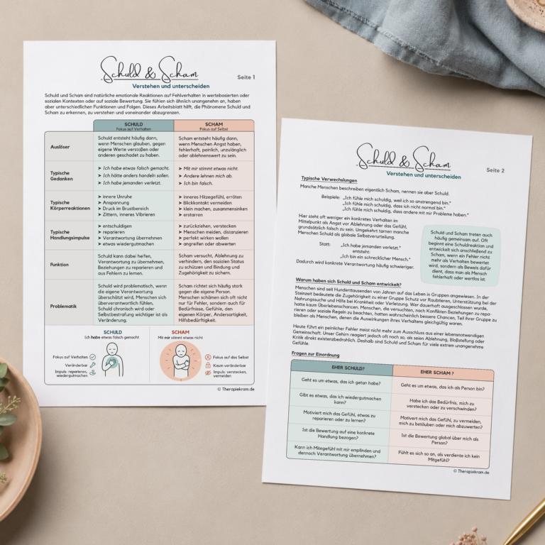 Arbeitsblatt Schuld und Scham verstehen und unterscheiden. Psychoedukatives Therapiematerial für Psychotherapeuten und Psychotherapeutinnen zu Schuldgefühlen, Scham, Selbstkritik, Perfektionismus und Selbstwertproblemen.