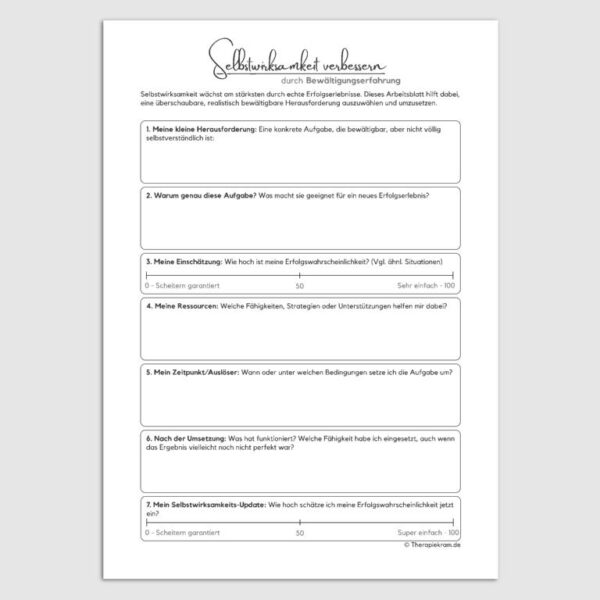 Arbeitsblatt zur Förderung der Selbstwirksamkeit: Schrittweise Planung einer realistischen Bewältigungserfahrung mit Reflexion von Ressourcen, Erfolg und Teilfortschritten. Ideal für Psychotherapie und Coaching.