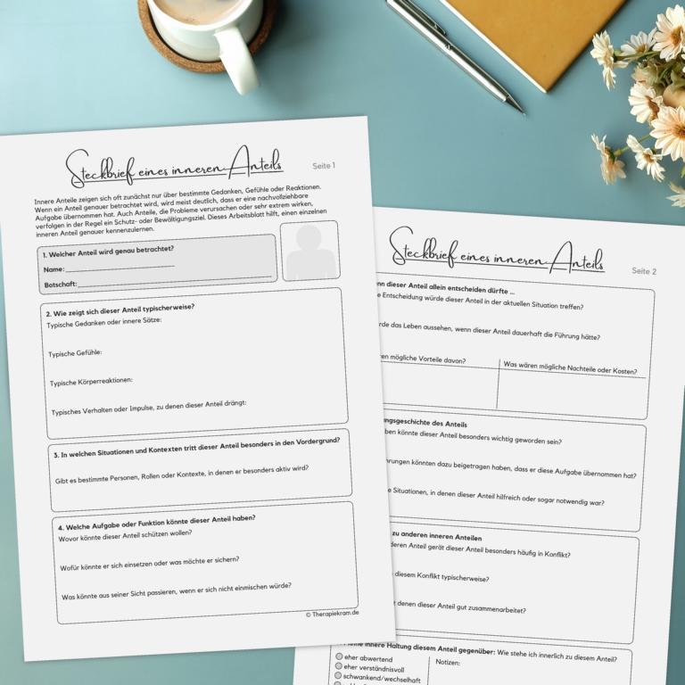 Arbeitsblatt Steckbrief eines inneren Anteils – strukturierte Teilearbeit und Funktionsanalyse innerer Anteile (Inneres Team Psychotherapie, PDF, 2 Seiten)