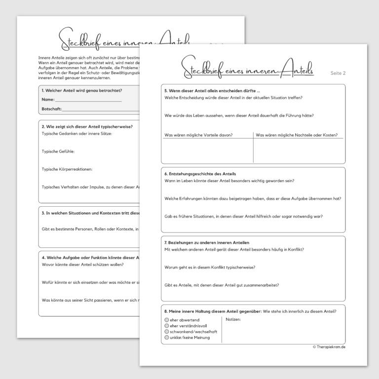 Arbeitsblatt Steckbrief eines inneren Anteils – strukturierte Teilearbeit und Funktionsanalyse innerer Anteile (Inneres Team Psychotherapie, PDF, 2 Seiten)