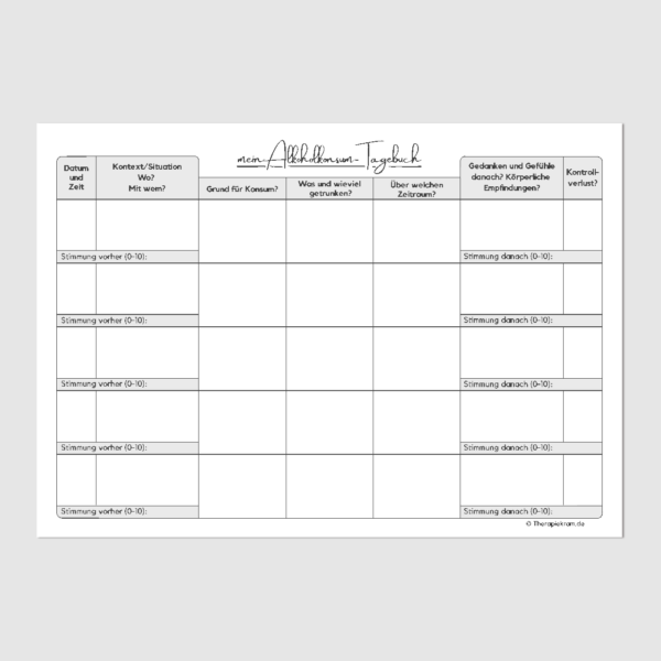 Therapiekram Trinktagebuch zur Erfassung des Alkoholkonsums mit Fokus auf Menge, Anlass, Stimmung und körperlichen Auswirkungen. Hilft, Trinkmuster zu erkennen und bewusster mit Alkohol umzugehen.
