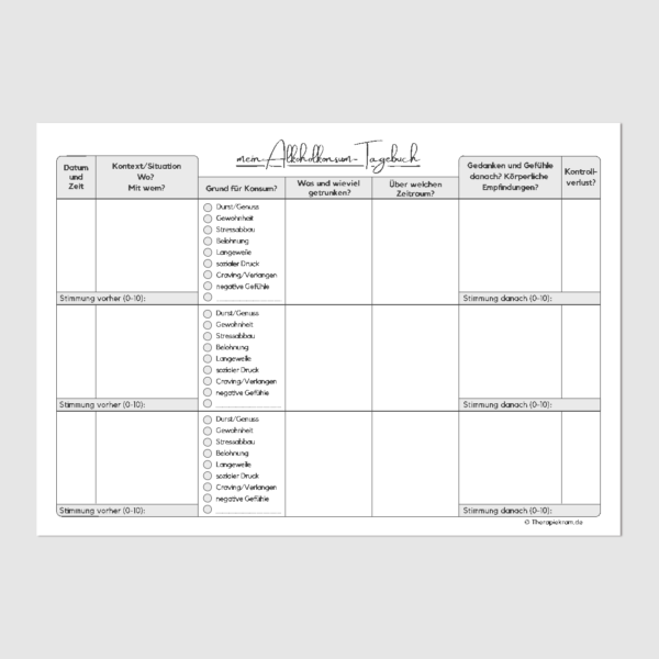 Therapiekram Trinktagebuch zur Erfassung des Alkoholkonsums mit Fokus auf Menge, Anlass, Stimmung und körperlichen Auswirkungen. Hilft, Trinkmuster zu erkennen und bewusster mit Alkohol umzugehen.