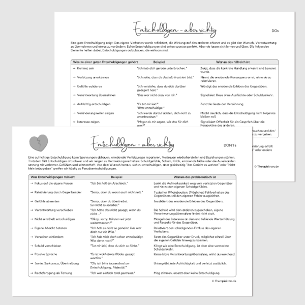 Therapiekram Arbeitsblätter-Set für eine bessere Kommunikation: Entschuldigen lernen, Verantwortung übernehmen und Beziehung.