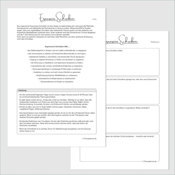 Therapiekram Arbeitsblätter-Set zum Expressiven Schreiben als PDF. therapeutisches Schreibtool zur Verarbeitung von belastenden Erfahrungen, Trauma und emotionalem Stress. Inkl. Info und Reflexionsfragen.
