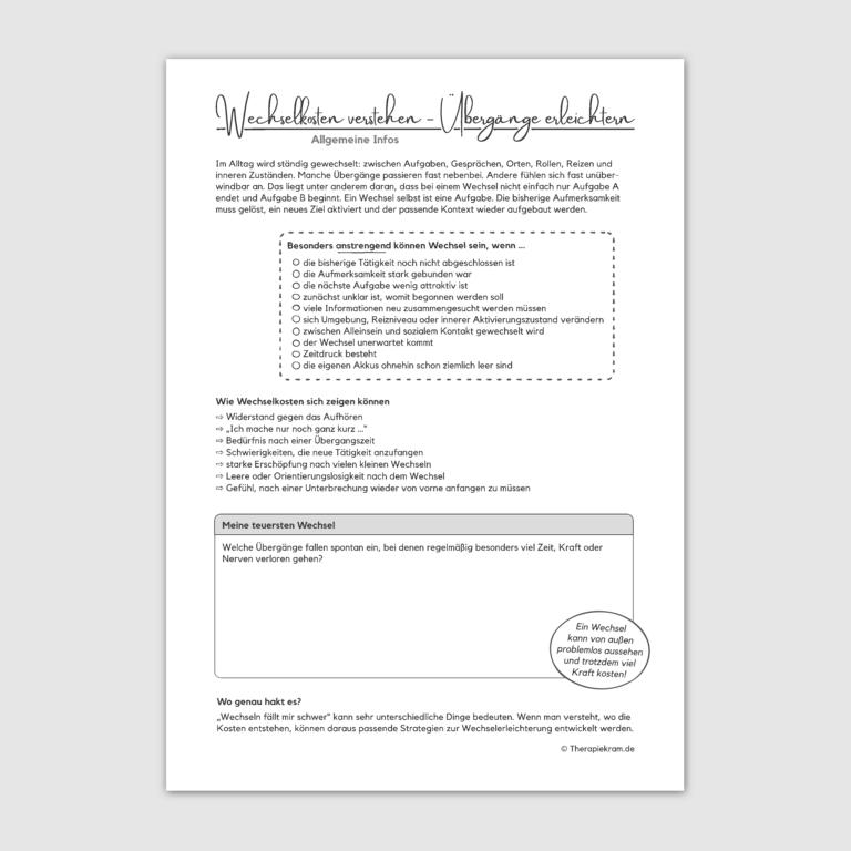 Arbeitsblatt Wechselkosten bei ADHS und Autismus mit Tipps für leichtere Übergänge und Aufgabenwechsel