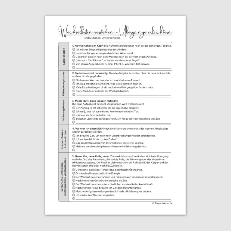 Arbeitsblatt Wechselkosten bei ADHS und Autismus mit Tipps für leichtere Übergänge und Aufgabenwechsel