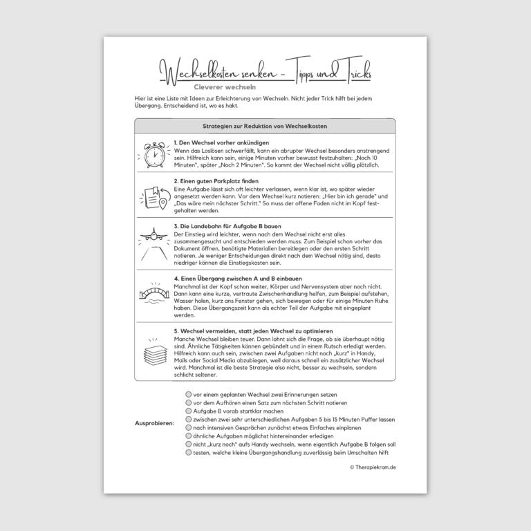 Arbeitsblatt Wechselkosten bei ADHS und Autismus mit Tipps für leichtere Übergänge und Aufgabenwechsel