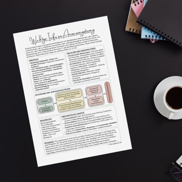 Übersichtliches Infoblatt zur Anpassungsstörung mit Definition, Prävalenz, Symptomen, Ursachen, Behandlungsmöglichkeiten (z. B. Psychotherapie, Stressbewältigung) und grafischem Schema zur Entstehung. Klar strukturiertes Therapietool zur Psychoedukation für leichtes Verständnis.