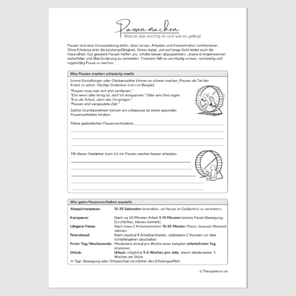 PDF-Arbeitsblatt zur Pausengestaltung für Therapie und Coaching – hilft bei Stressmanagement, Erschöpfung, Konzentrationsproblemen und Prokrastination