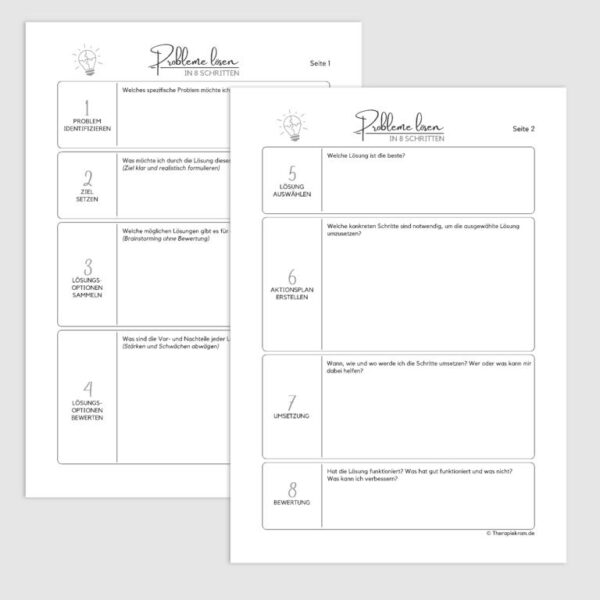 Therapiekram Arbeitsblatt: Probleme lösen in acht Schritten. Problembewältigung,Therapietool, Problemlösungskompetenz, Therapie.