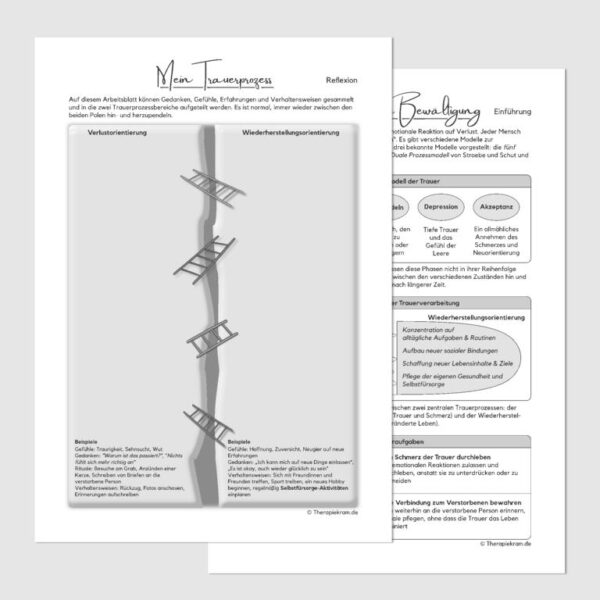 Vier Arbeitsblätter zur Trauerverarbeitung: Überblick über Trauermodelle, Reflexion des Trauerprozesses, Annahme und Durchleben der Trauer, Anpassung und bewusste Erinnerung an die verstorbene Person. PDF, Therapietool für Psychotherapie, Beratung und Coaching.