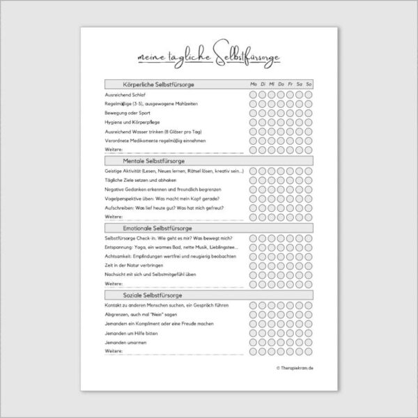 Therapiekram Arbeitsblatt Selbstfürsorge Checklist zum Ankreuzen