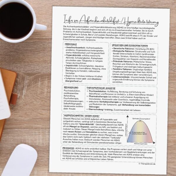 Therapiekram Infoblatt zur Aufmerksamkeitsdefizit-/Hyperaktivitäts-Störung, Psychoedukation vor Therapiebeginn, AD(H)S, Neurodivergenz Arbeitsblatt