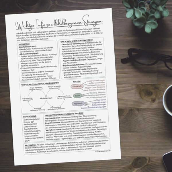 Therapiekram Informationsblatt zu Alkoholmissbrauch und -abhängigkeit mit einer übersichtlichen Gliederung. Enthalten sind Definition, Prävalenz, Merkmale nach ICD-10/ICD-11, Ursachen, körperliche, psychische und soziale Folgen sowie Behandlungsoptionen nach der S3-Leitlinie.