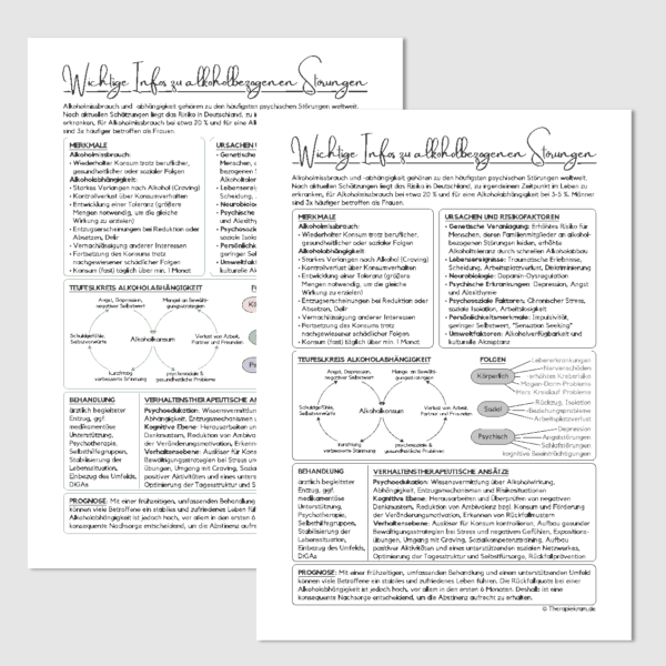 Therapiekram Informationsblatt zu Alkoholmissbrauch und -abhängigkeit mit einer übersichtlichen Gliederung. Enthalten sind Definition, Prävalenz, Merkmale nach ICD-10/ICD-11, Ursachen, körperliche, psychische und soziale Folgen sowie Behandlungsoptionen nach der S3-Leitlinie.