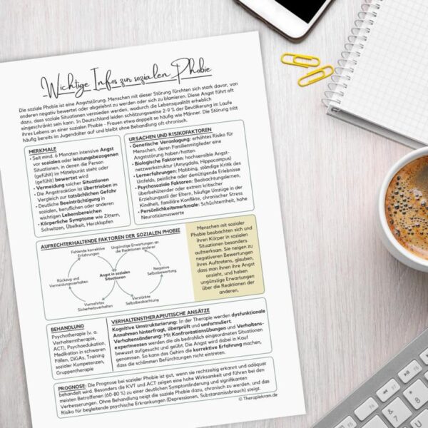 Therapiekram Infoblatt: Soziale Phobie. Psychoedukation, Arbeitsblatt rund um die Sozialphobie mit Teufelskreismodell, Prognose und wirksamen Therapieverfahren