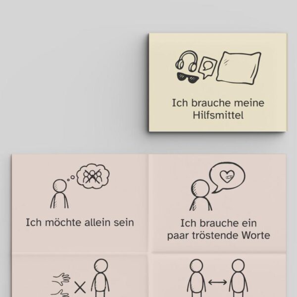 Vorschaubild der handgezeichneten Kommunikationskarten im A7-Format – schwarz-weiße Icons zum Ausdrucken für Therapie, Autismus und nonverbale Kommunikation