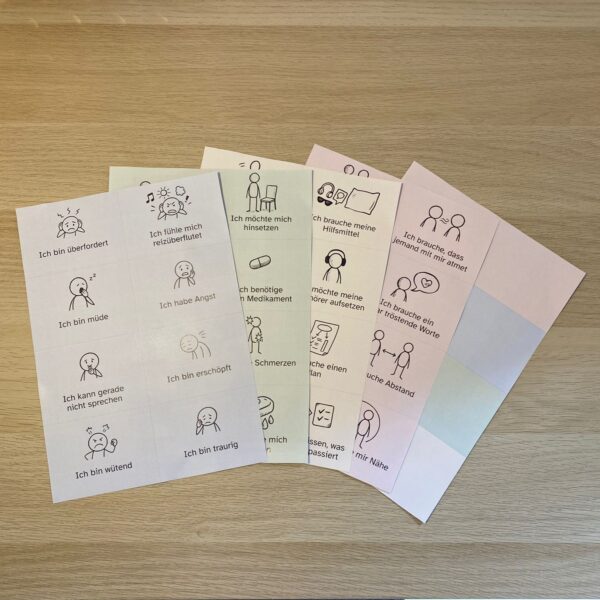 Vorschaubild der handgezeichneten Kommunikationskarten im A7-Format – schwarz-weiße Icons zum Ausdrucken für Therapie, Autismus und nonverbale Kommunikation