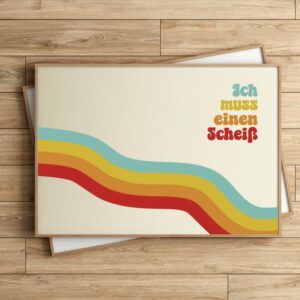 Therapiekram Retro-Poster mit geschwungenen bunten Linien und dem humorvollen Schriftzug „Ich muss einen Scheiß“ – eine augenzwinkernde Erinnerung an Selbstbestimmung, Werteorientierung und den Abbau dysfunktionaler „Ich muss“-Glaubenssätze. Perfekt für Abgrenzung, Burnout-Prävention und kognitive Umstrukturierung.