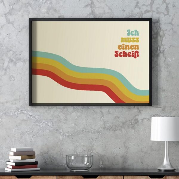 Therapiekram Retro-Poster mit geschwungenen bunten Linien und dem humorvollen Schriftzug „Ich muss einen Scheiß“ – eine augenzwinkernde Erinnerung an Selbstbestimmung, Werteorientierung und den Abbau dysfunktionaler „Ich muss“-Glaubenssätze. Perfekt für Abgrenzung, Burnout-Prävention und kognitive Umstrukturierung.