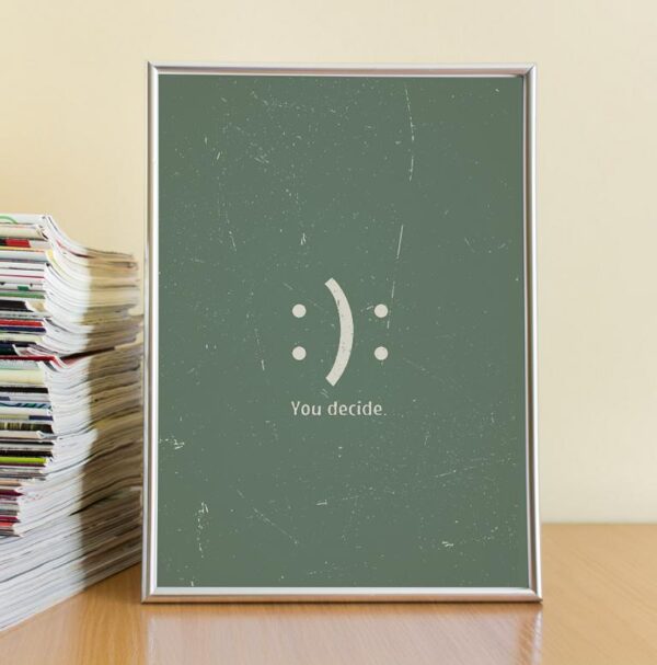 Therapiekram Poster in Salbei Grün mit Smiley, fröhlich oder traurig, je nachdem welche Perspektive man einnimmt. Kognitive Umstrukturierung, ABC-Modell, Psychotherapie, Perspektivwechsel.