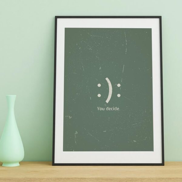 Therapiekram Poster in Salbei Grün mit Smiley, fröhlich oder traurig, je nachdem welche Perspektive man einnimmt. Kognitive Umstrukturierung, ABC-Modell, Psychotherapie, Perspektivwechsel.