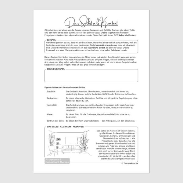 Therapiekram Arbeitsblatt mit der Raum-Metapher, das das Konzept des Selbst als Kontext erklärt, inklusive Reflexionsfragen und praktischer Übung. ACT Therapietool!