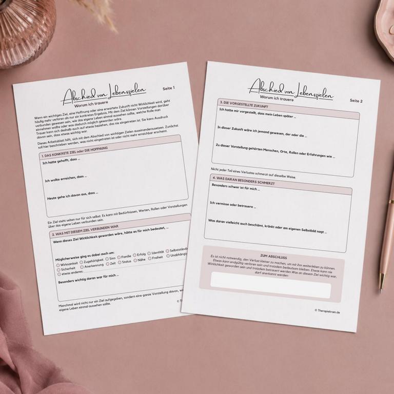 Arbeitsblatt „Abschied von Lebenszielen“ zur Reflexion von Trauer, Verlust, unerreichbaren Zielen, Selbstbild und Neuorientierung.