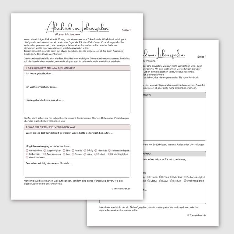 Arbeitsblatt „Abschied von Lebenszielen“ zur Reflexion von Trauer, Verlust, unerreichbaren Zielen, Selbstbild und Neuorientierung.